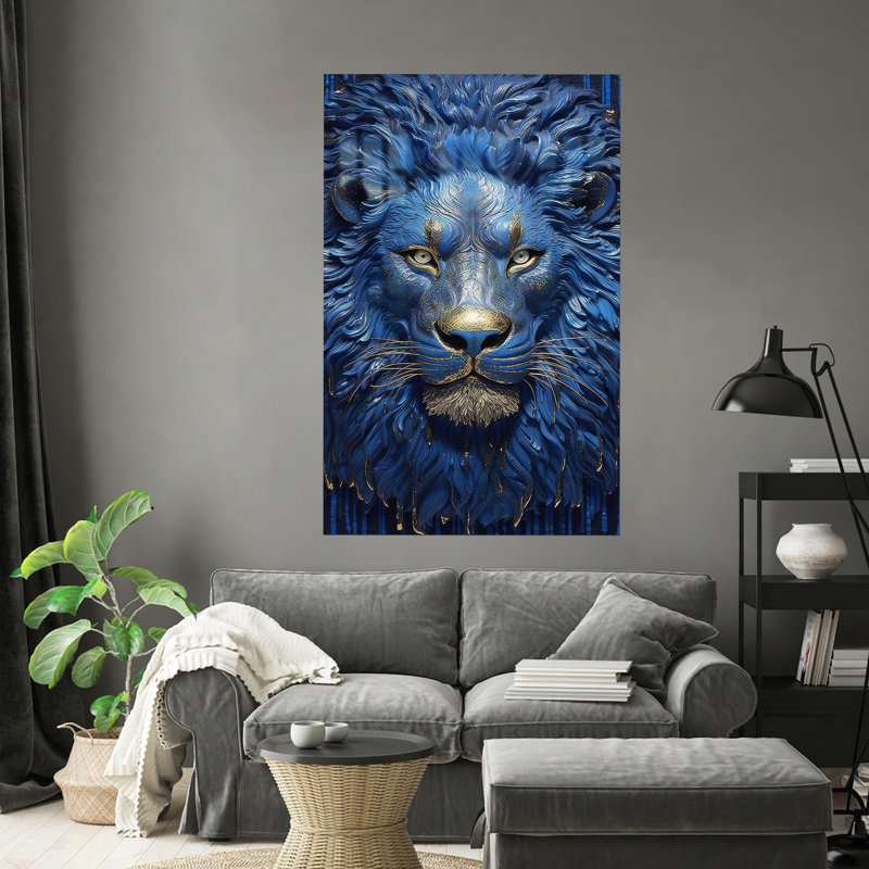 Abstrait art mural en verre avec motif de lion bleu abstrait pour une touche de décoration intérieure unique et saisissante