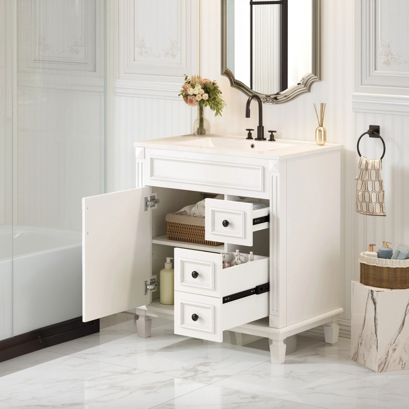 Meuble-lavabo de 30 po avec lavabo en céramique, meuble de salle de bain autoportant moderne avec 2 tiroirs et tablette réglable, meuble-lavabo de salle de bain de style français pour petits espaces