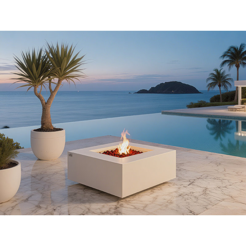 Brooklyn 40" Concrete Propane Fire Pit Table Bundle Includes Wind Guard And Burner Lid, Cream White