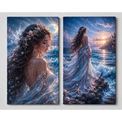 Large Set of 2 Ocean Moon Goddess Wall Art Coastal Fantasy Mermaid Canvas Prints for Bedroom Bathroom Beach House Decor 16x24 Inch Canvas Print - Ready to hang