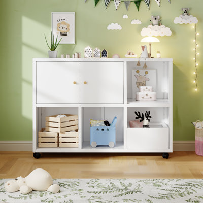 Meuble de rangement à roulettes pour jouets, organisateur de salle de jeux en métal blanc avec casiers et placards fermés