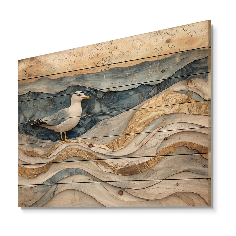 Mouette en marbre moderne sur la plage - Décoration murale en bois de mouette - sur bois de pin naturel
