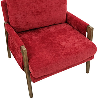 Red Mid-Century Armchair By - Solid Wood, High Sponge, Velvet Cover Accent Chair Style, Cushioning