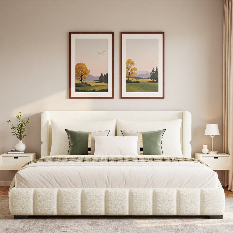 Lit plateforme tapissier avec 2 coussins et pieds robustes, Blanc, Grand lit