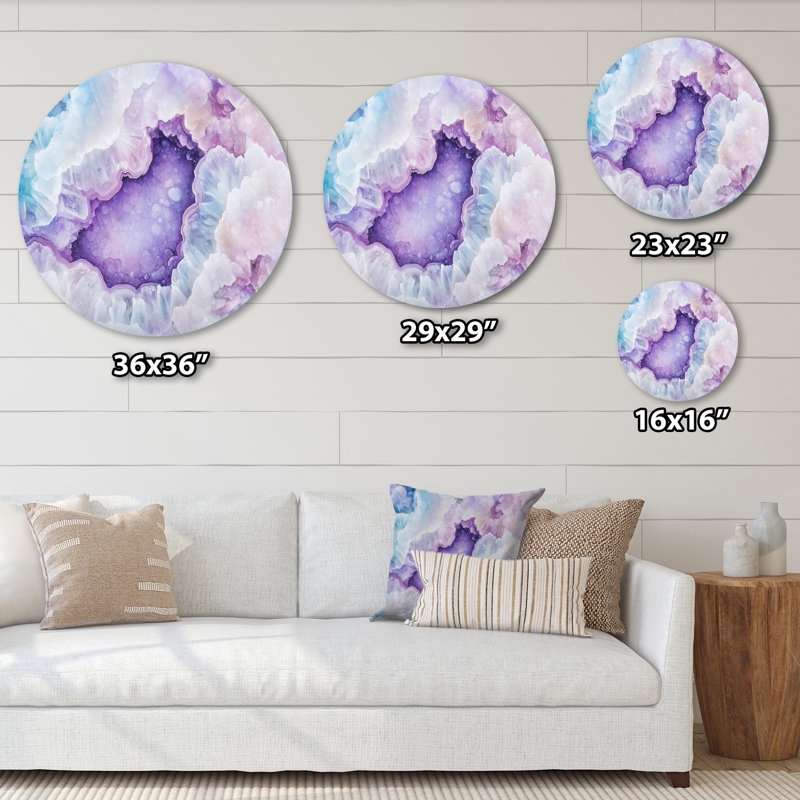 Géode de cristal mauve bleu - art mural rond moderne abstrait, cristaux de géode, art mural rond en métal, H 29 po x l 29 po
