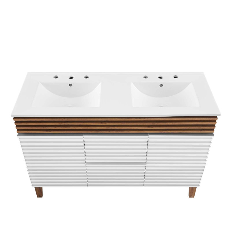 Render 48" White and Walnut Double Sink Bathroom Vanity