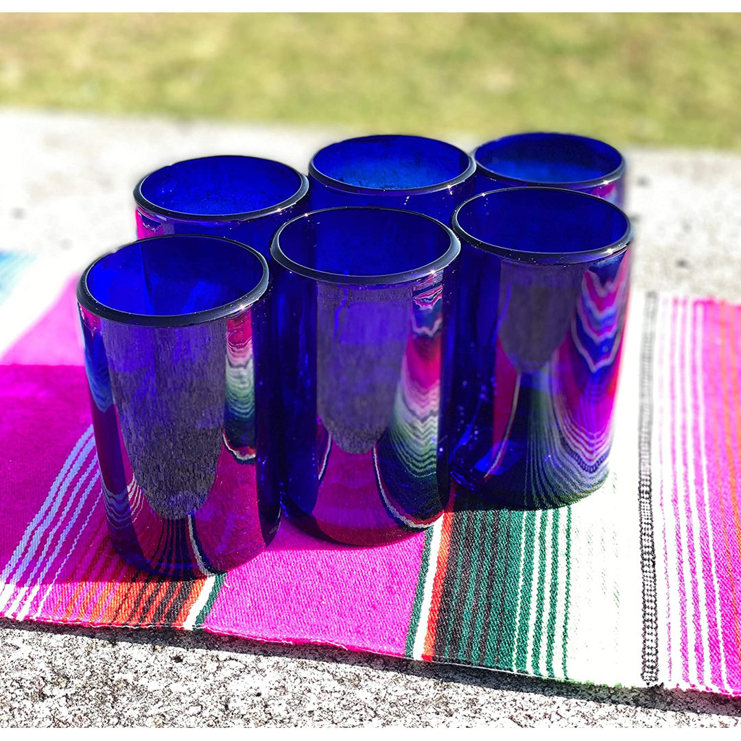 Dessie Hand Blown Mexican 14 oz. Pure Cobalt Drinking Glasses (Set of 6) Rosecliff Heights