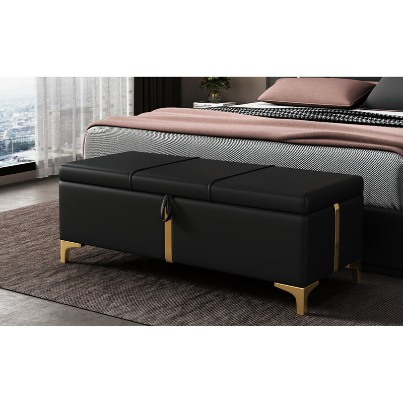 Rangement noir avec pieds en métal, élégant pour la maison, la chambre à coucher et le salon, banc spacieux rembourré noir et design