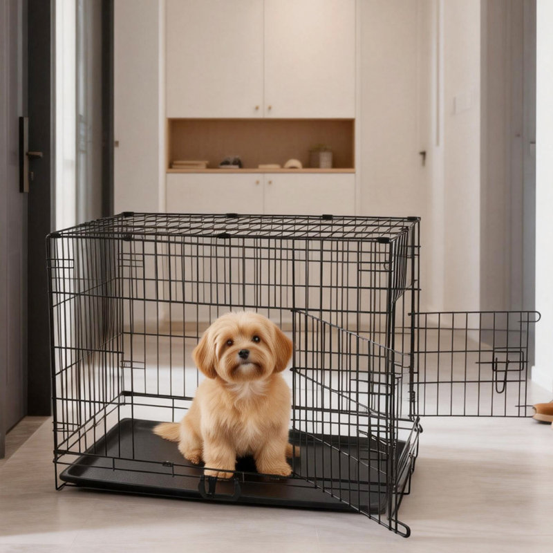 Foldable Metal Dog Cage with Plastic Tray