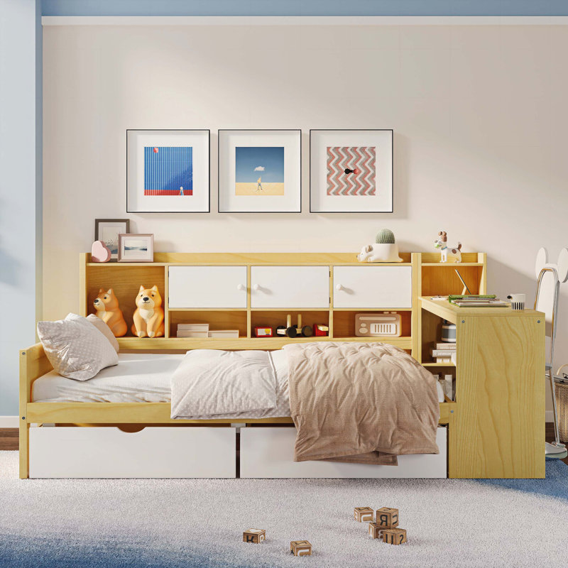 Wooden L-Shape Daybed with Seven Storage Cabinets and Two Storage Drawers, Multi-functional Bed with Study Desk and Built-in Bookshelf