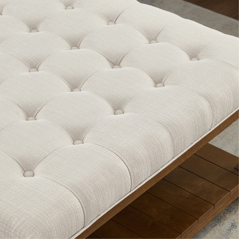 Grande table basse carrée avec repose-pieds en lin capitonné et grand repose-pieds avec tablette en bois massif, Brun