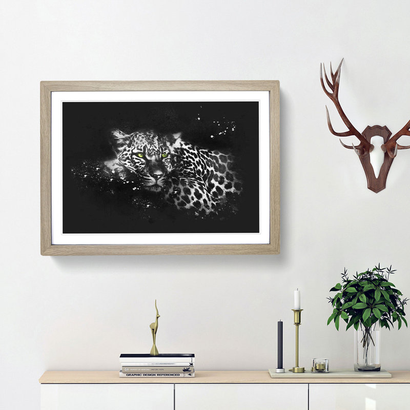 Leopard With Green Eyes High Paint Splash - Picture Frame Graphic Art, 45cm H x 63cm W x 2cm D, Oak Framed