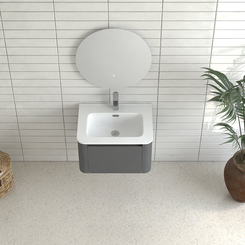 Armoire de salle de bain murale 24 po avec lavabo flottant mural et tiroir en céramique blanche, Gris, 24"