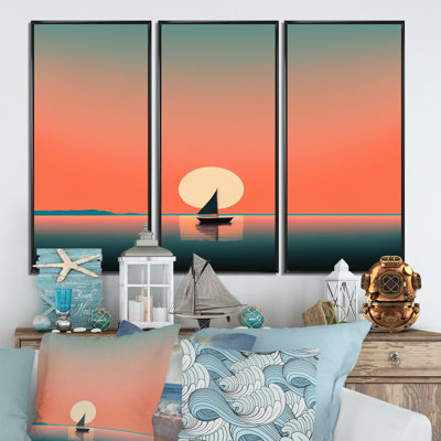 «Minimalistic Sunset pendant la pleine lune II», reproduction sur toile 3 pièces