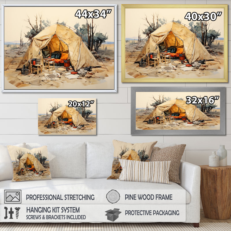 Camping Tent Outdoor Adventure III - Camping Travel Wall Decor, 30" H x 40" W x 1.5" D, Gold Single Picture Framed