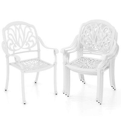 Astoria Grand 4 Pcs Patio Cast Aluminum Dining Chairs Armrests Outdoor Stackable White