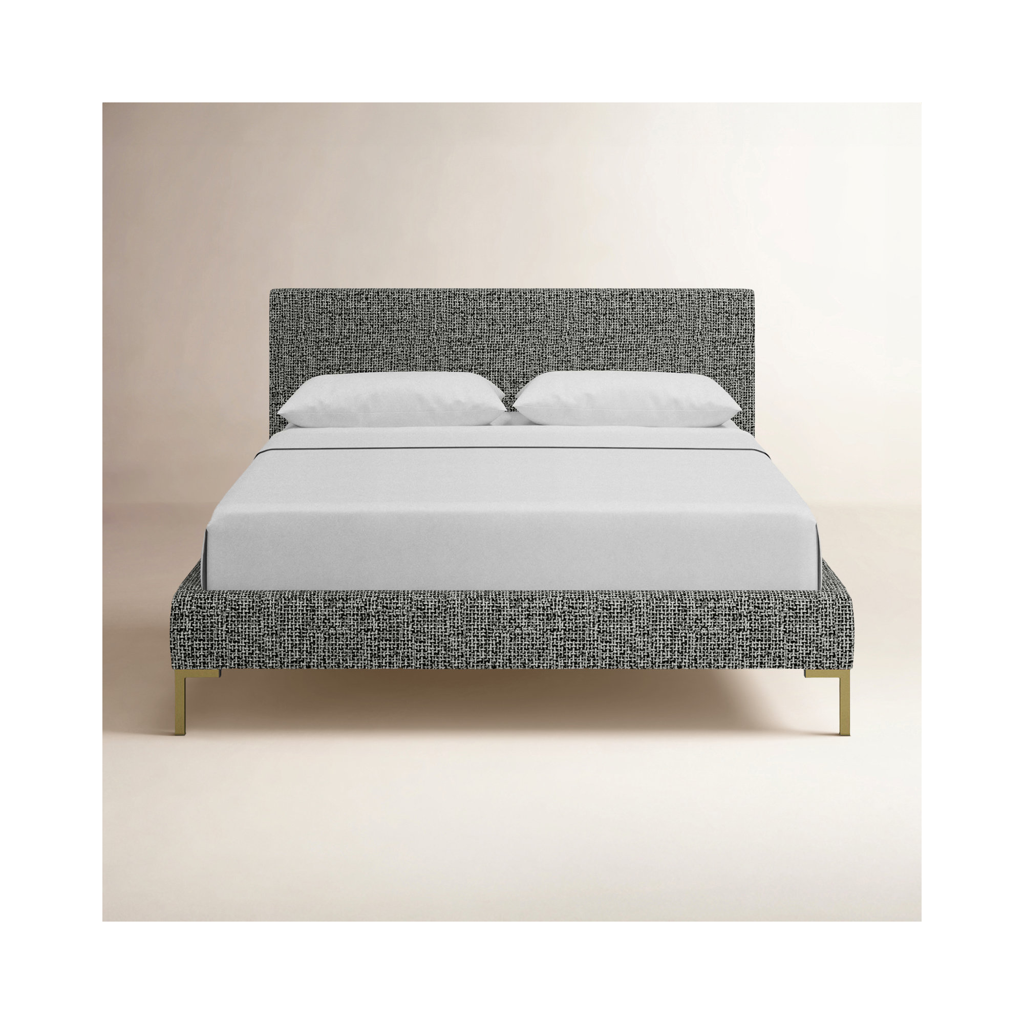 Rand Upholstered Bed, Twin, Gold Wood, Modern Pepper Tweed