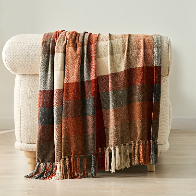 Jeté en chenille douce, L 80 po x l 60 po, Brun / orange / carreaux gris