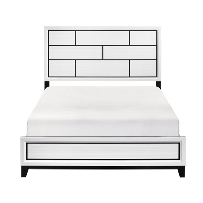 Grand lit blanc avec style moderne, structure en bois et ligne noire pour la chambre à coucher, bois, décor