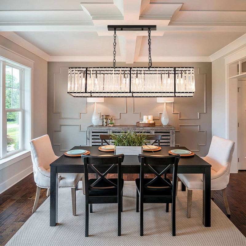 6-Light Matte Black Crystal Linear Chandelier/Dimmable Kitchen Island Pendant