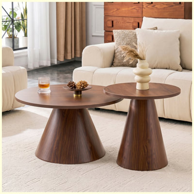 2-Piece Round Nesting Coffee Table Set, Walnut Wood with Steel Pedestal Base