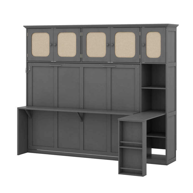 Lit escamotable double en bois pleine grandeur avec conception Smart Transform peu encombrante, lit armoire en rotin, lit mural avec bureau intégré et bibliothèque