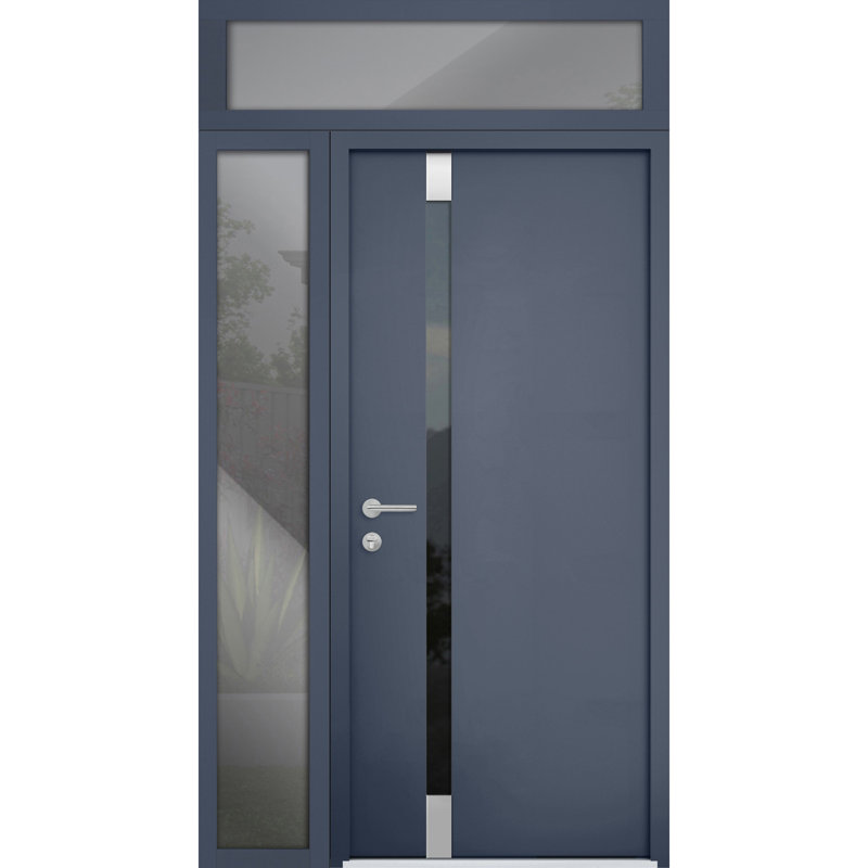 Porte d'entrée extérieure prémontée en acier Cynex 6777, grise, avec fenêtres latérales et supérieures, inserts en acier inoxydable, style moderne, peinte, dimensions : L 91,4 cm + 30,5 cm x H 203,2 cm + 40,6 cm, ouverture à droite vers l'extérieur.