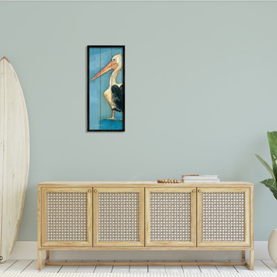 Pelican Bird Over Blue Planked Pattern Animal Pain Wrapped Canvas Print