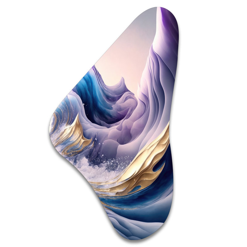 Bleu, or et mauve Splash Paint IV - Abstract Spirals Boomerang Shape, H 39 po x l 21 po x P 1 po