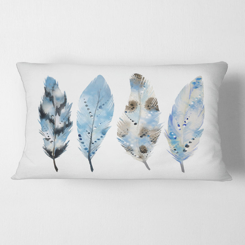 Rectangle, plumes de bohème bleues I - Coussin décoratif imprimé bohémien et éclectique