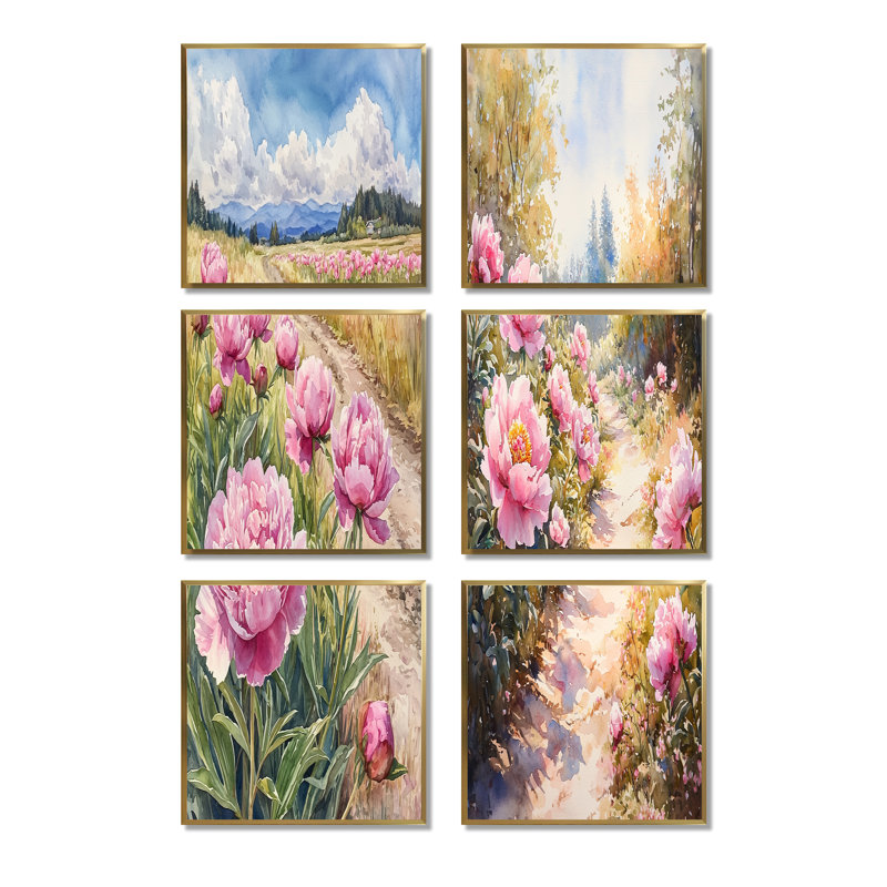 Pivoines le long du chemin de terre - Ensemble de 6 impressions sur toile florales, Impression encadrée sans passe-partout
