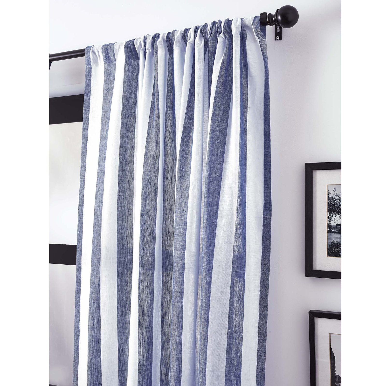 Striped Pure Linen Semi-Sheer Curtain Panel, 52" W x 108" L, Navy and White