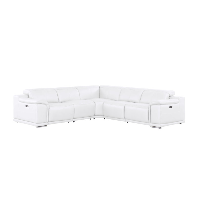 5-Piece L-Shaped Power Reclining Sectional In Genuine Leather – 3 Recliners, White Top Grain Leather