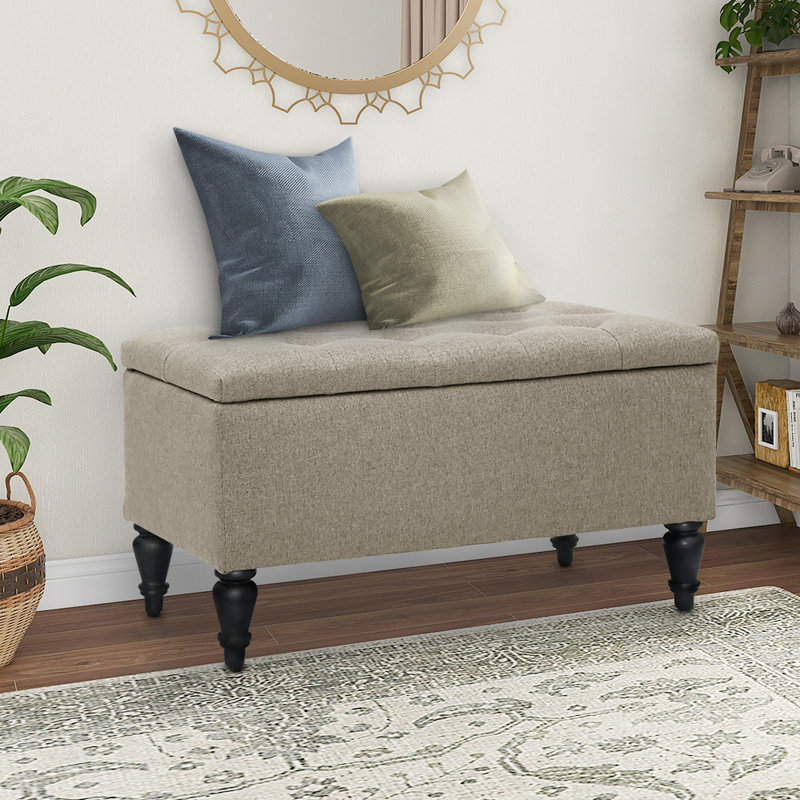 Banc de rangement rembourré avec pieds en bois massif Balcom, Beige, H 17 po x l 29 po x P 17 po