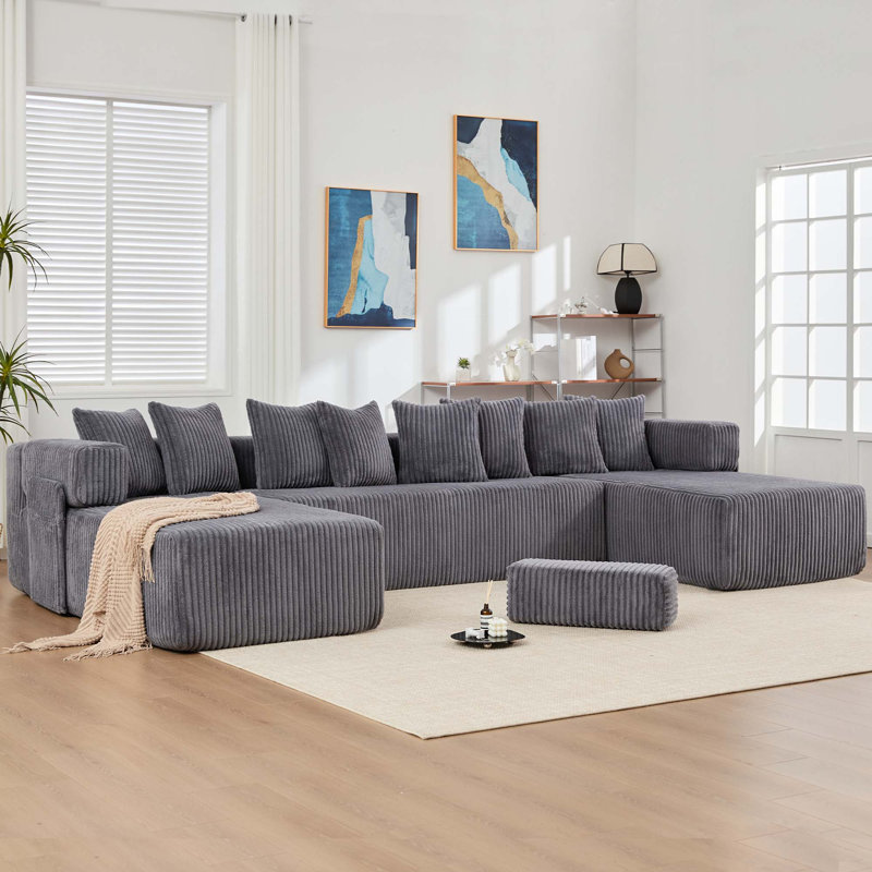 Canapé modulaire en U de 146 pouces, canapé-lit convertible avec 8 coussins, sans assemblage, conception modulaire surdimensionnée, tissu en velours côtelé, gris foncé