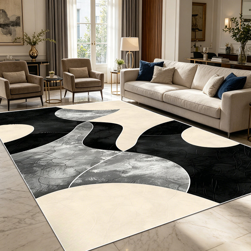 1PC Abstract Wavy Black Grey Beige Geometric area rugs for Living Room, Soft and Comfortable, Suitable for all seasons, easy-to-maintain, machine washable Indoor floor mat, Under Table Farmhouse suitable for dining room, bedroom, entryway, home
