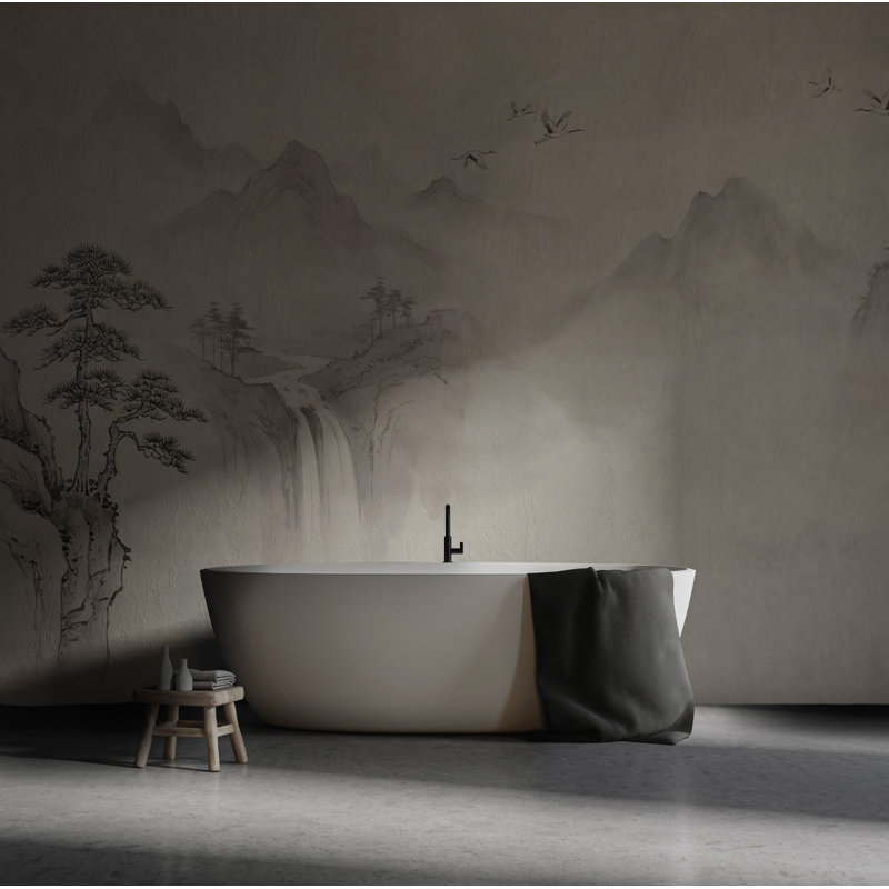 Murale de papier peint montagne et cascade minimaliste en ivoire, 40" L x 60" W, Peel & Stick