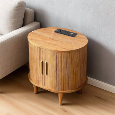 Table de chevet cannelée jaune avec station de charge, table de bout latérale avec porte coulissante et tablette réglable, idéale pour les petits espaces