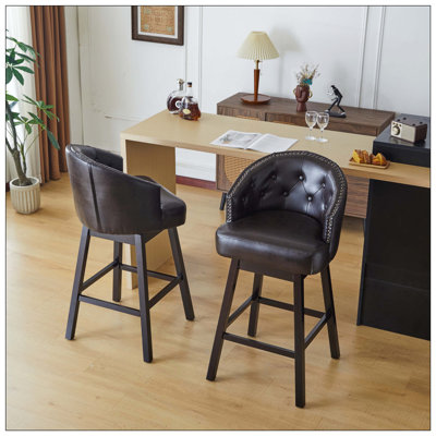 Ensemble de 2 tabourets de comptoir pivotants avec design rembourré, structure en bois d'hévéa massif, dossier et repose-pieds, idéal pour les comptoirs de bar et de cuisine