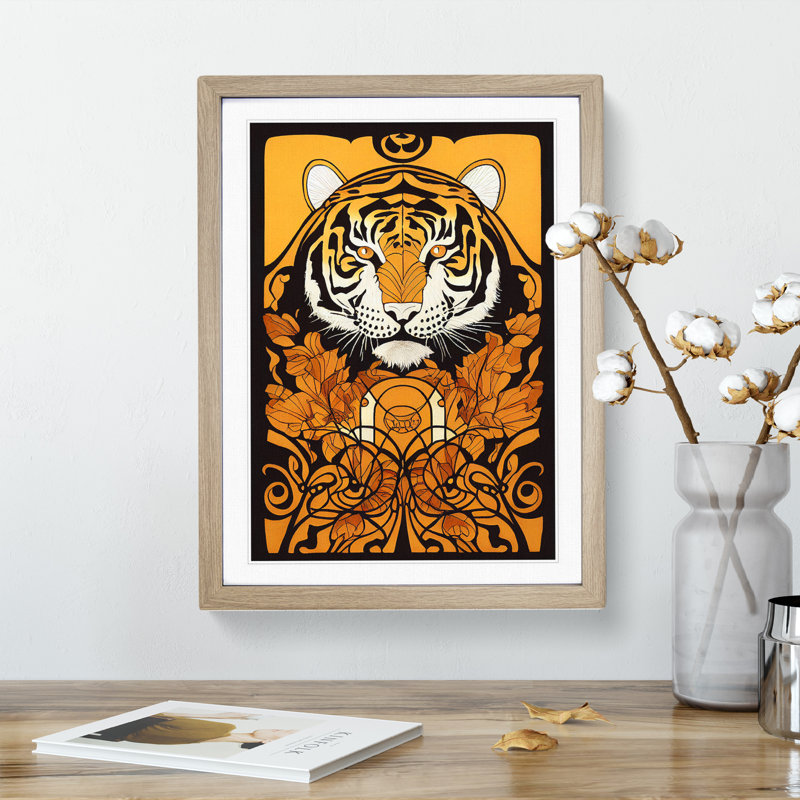 Tiger Nouveau - Framed Print, 34cm H x 25cm W x 2cm D, Oak Framed