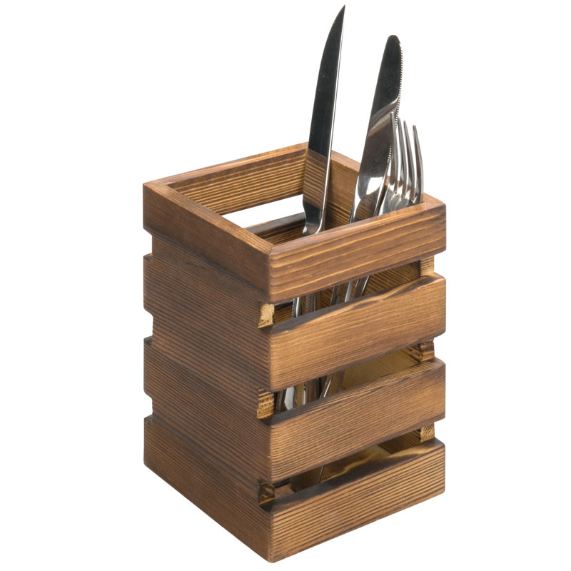Porte-ustensiles en bois avec côtés à lattes, Brun