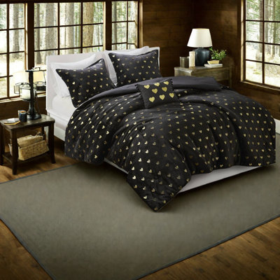 Ensembles de literie en peluche métallique ultra-doux, simple / simple TG, noir et doré avec coussin décoratif