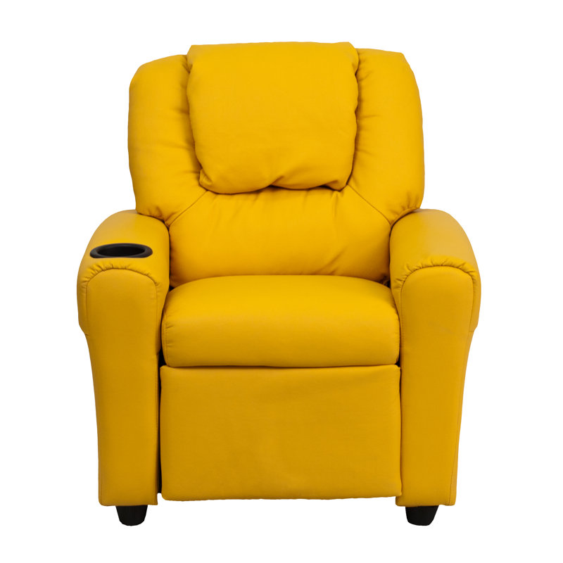 Contemporary Kids Recliner with Cup Holder and Headrest, Yellow