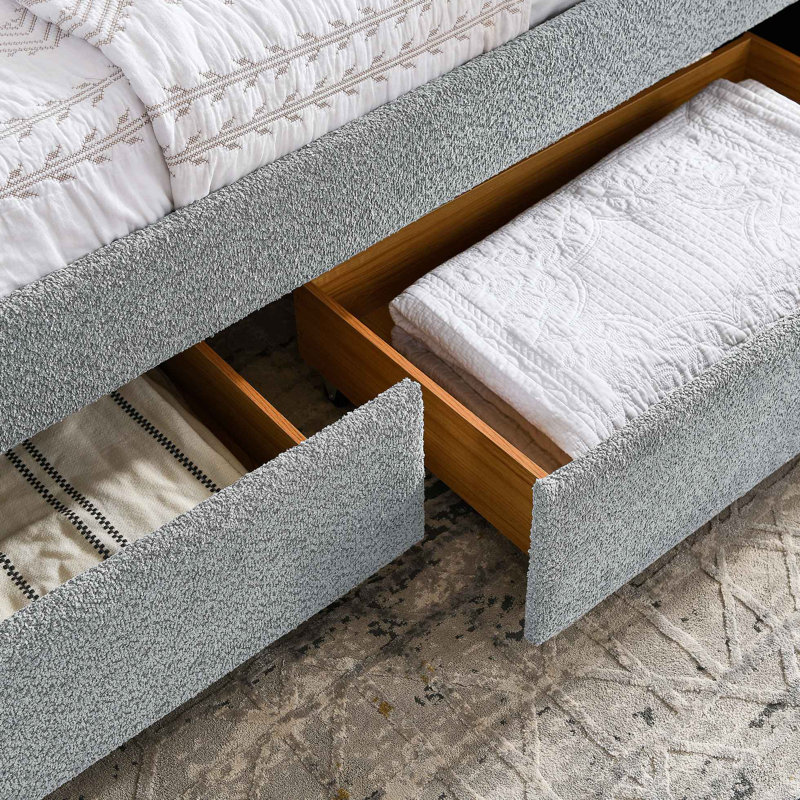Lit de jour avec couchette rembourrée et capitonnée, avec deux tiroirs, grand, tissu bouclé, Gris