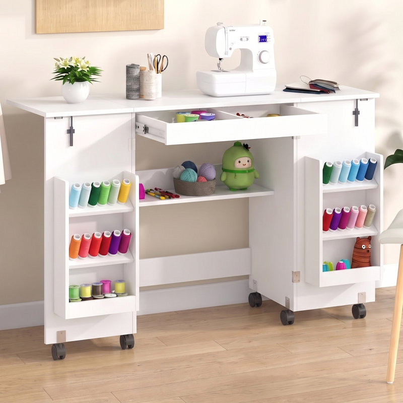 Folding Sewing Table w/Drawer&Open Shelve,Sewing Desk w/Storage-24 Pegs&2Yarn Bins,2in1 Folding Hobby Craft Table w/6 Rolling Casters,Sewings Machine Table Computer Desk Workstation for Home Office