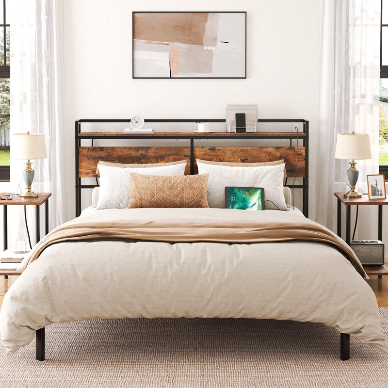 Morano 39.9"H Metal Headboard with Charging Station, Brown/Black, Queen