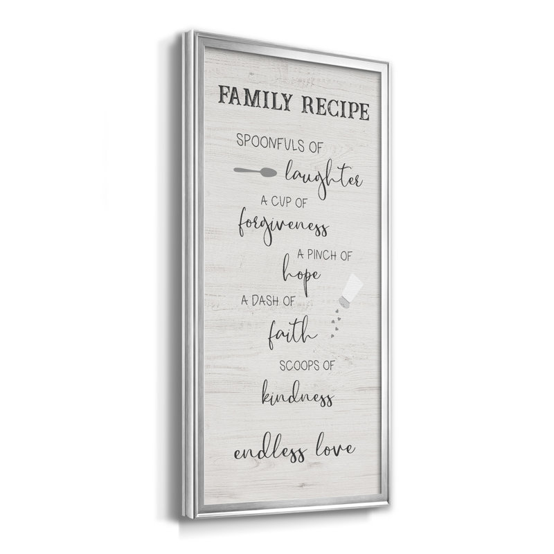 Family Kitchen Recipe - Art textuel sur toile encadré, Argent, H 10,5 po x l 18,5 po x P 1,5 po