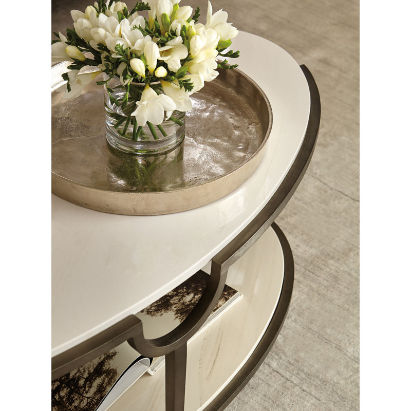 Oval Faux Carrara Marble and Steel Coffee Table with Storage