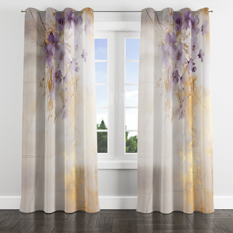 Ayeesha - Violets Grommet Curtain - Velvet Room Darkening - 1 Panel, 52" W x 95" L, Golden Grommets