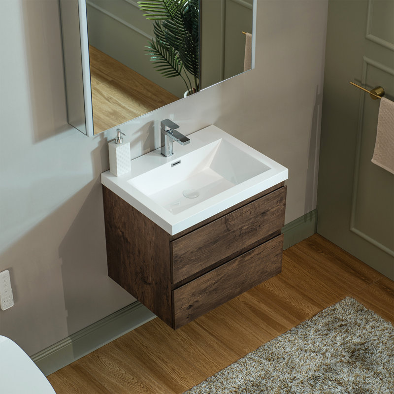 Meuble-lavabo flottant mural 24 po avec comptoir en résine composite, Blanc, Palissandre, 24"